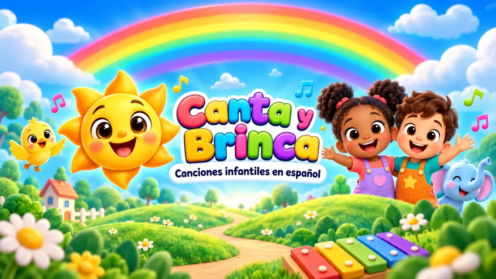 Canta y Brinca banner, children's songs in Spanish: the sun, a little chick, two children and a baby elephant under a rainbow.